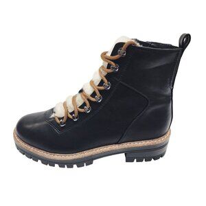 Black Leather Faux Fur Lined Lace-Up Ankle Boots With Side Zipper & Size 7